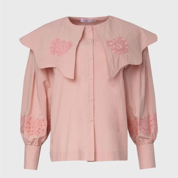 ✨ Dress Blank Women’s Pink Collared Embroidered Floral Blouse Small NWT B_ank - Picture 1 of 11